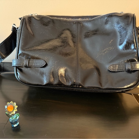 NEW Black Shiny Shoulder Crossbody Bag with Silver Hardware - Picture 3 of 4